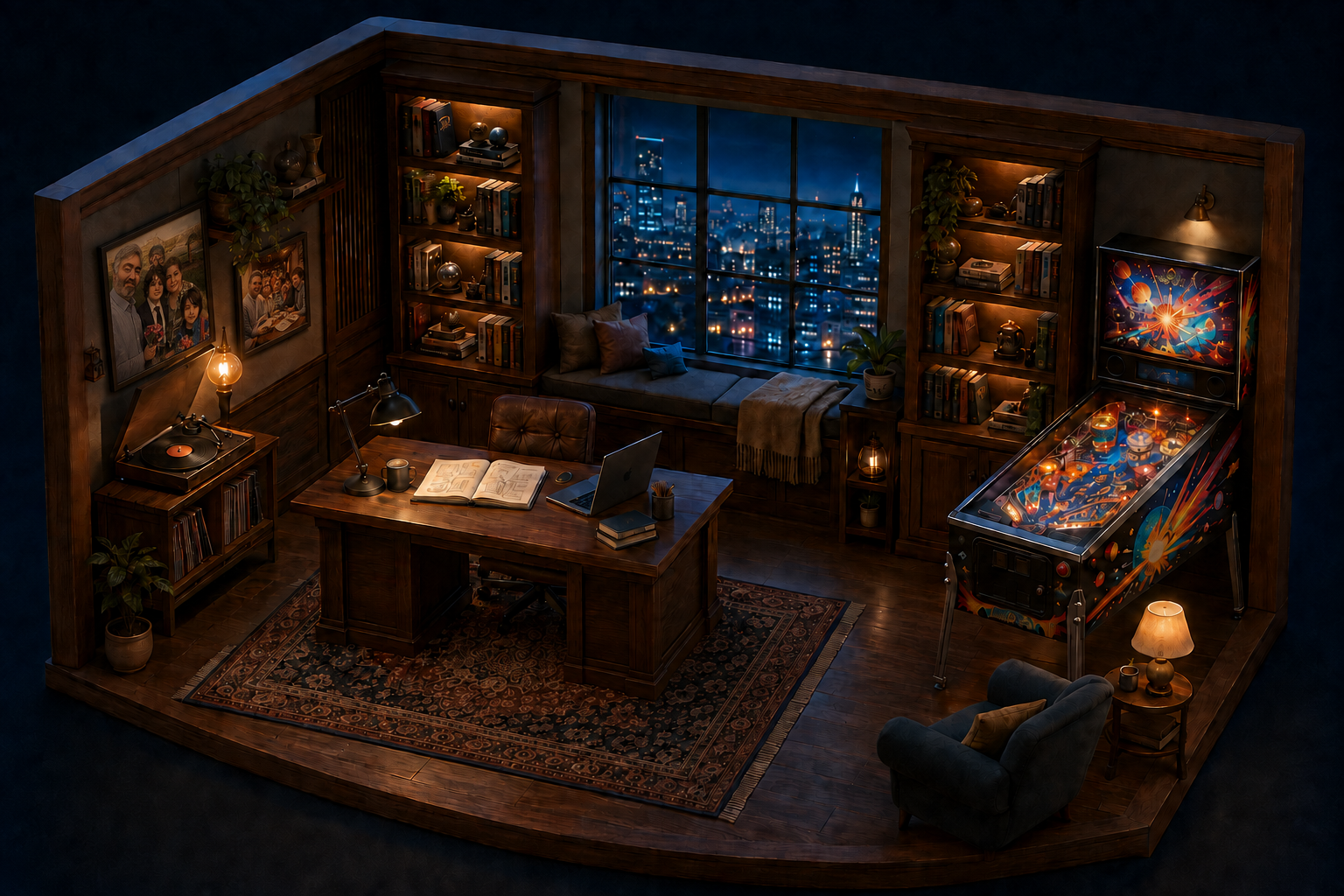 An illustrated study overlooking Istanbul’s Bosphorus Bridge at night, with a drawing compass on the research notebook, a pen on the desk, records, two cats and a pinball machine. Explore the labeled objects.